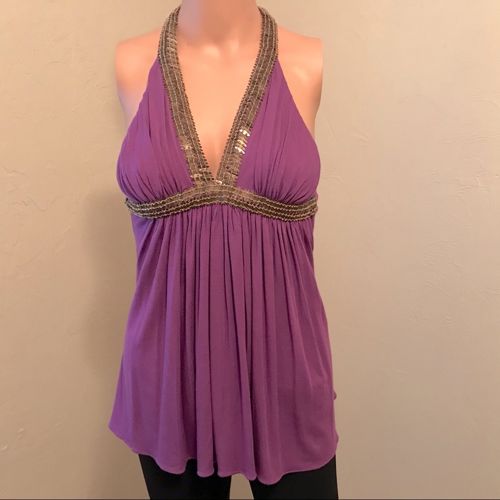 Sold!! SKY Purple Halter Top with Bronze & Bead SequinAccents Size Small